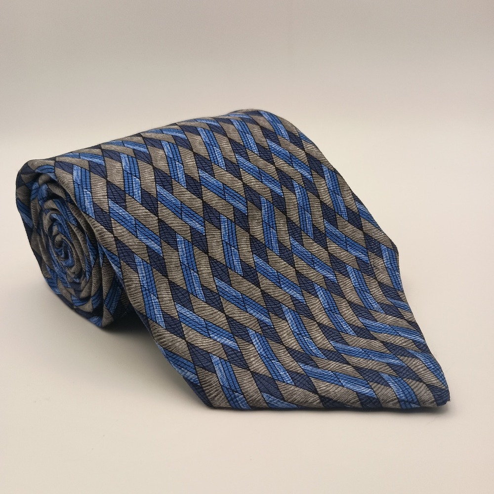 Unbranded OS Mens Blue Grey‎ Geometric Diamond 100% Silk Necktie